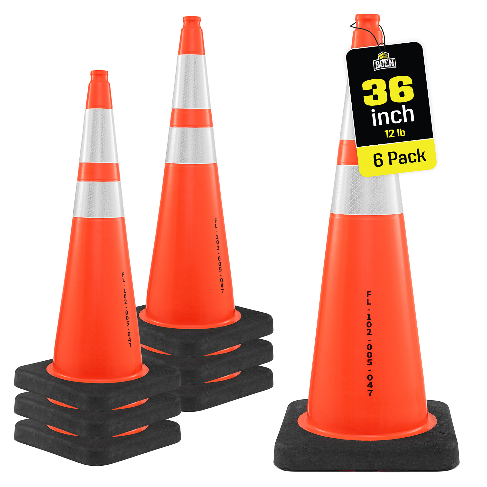 Boen 36 in, Orange Traffic Cones, 6-Pack, Florida DOT Approved MUTCD Compliant Traffic Cones with 2 Reflective Collars & 12 lb. Heavy-Duty Base for Road Work & Traffic Control